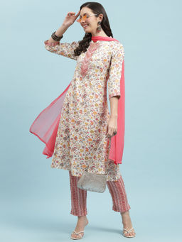 INDIESSENCE - Women Pink Liva Floral Kurta with Pant and Dupatta (Set of 3)