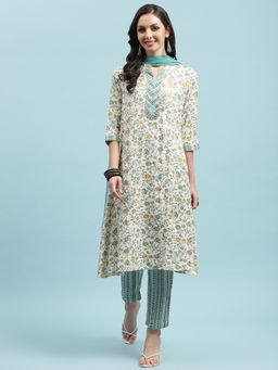 INDIESSENCE - Women Turquoise Liva Floral Kurta with Pant and Dupatta (Set of 3)