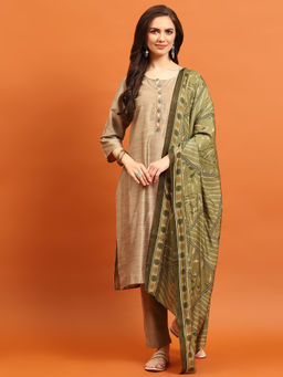 INDIESSENCE - Women Beige Poly Silk Embroidered Kurta with Pant and Dupatta (Set of 3)