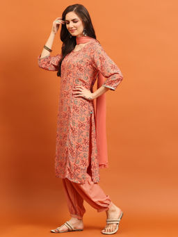 INDIESSENCE - Women Peach Muslin Abstract Kurta with Harem Pant and Dupatta (Set of 3)