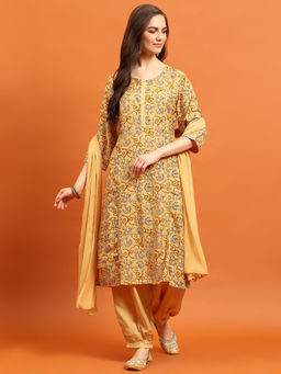 INDIESSENCE - Women Yellow Muslin Abstract Kurta with Harem Pant and Dupatta (Set of 3)