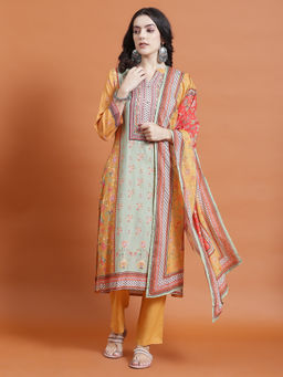 INDIESSENCE - Women Mustard Liva Floral Kurta with Pant and Dupatta (Set of 3)