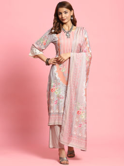 INDIESSENCE - Women Grey Liva Floral Kurta with Pant and Dupatta (Set of 3)