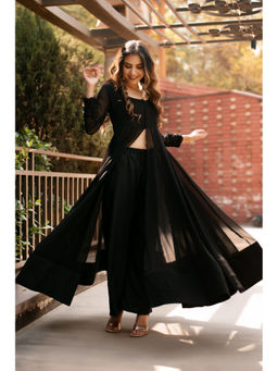 Calmna - Women Black Georgette Solid Kurta with Pant (Set of 2)