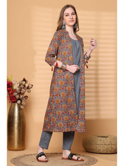Rajnandini - Women Grey Pure Cotton Printed Kurta with Pant with Shrug (Set of 3)