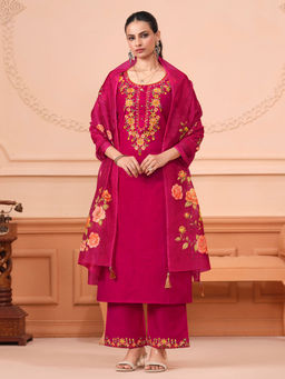 MOJILAA - Women Pink Viscose Floral Kurta with Palazzo and Dupatta (Set of 3)