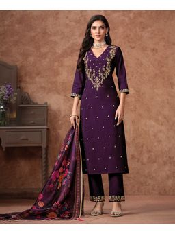 MOJILAA - Women Purple Viscose Embroidered Kurta with Pant and Dupatta (Set of 3)