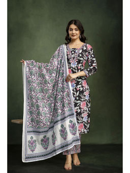 Mokshi - Women Black Cotton Floral Kurta with Pant and Dupatta (Set of 3)