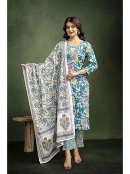 Mokshi - Women Green Cotton Floral Kurta with Pant and Dupatta (Set of 3)