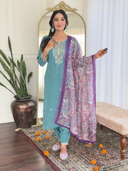 BLACK SCISSOR - Women Blue Chanderi Silk Embroidered Kurta with Pant and Dupatta (Set of 3)