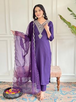 BLACK SCISSOR - Women Purple Viscose Rayon Embroidered Kurta with Pant and Dupatta (Set of 3)