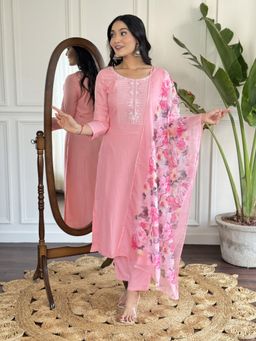 BLACK SCISSOR - Women Pink Viscose Rayon Embroidered Kurta with Pant and Dupatta (Set of 3)