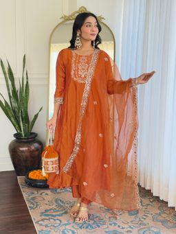 BLACK SCISSOR - Women Orange Art Silk Embroidered Kurta with Pant and Dupatta (Set of 3)