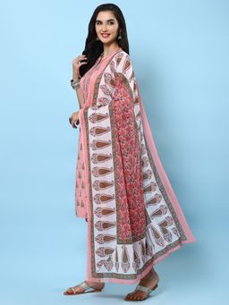 INDIESSENCE - Women Peach Cambric Floral Kurta with Pant and Dupatta (Set of 3)