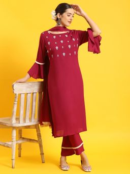 INDIESSENCE - Women Burgundy Liva Embroidered Kurta with Pant and Dupatta (Set of 3)