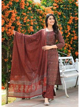 Roohaniyat - Women Red Cotton Printed Kurta with Palazzo and Dupatta (Set of 3)