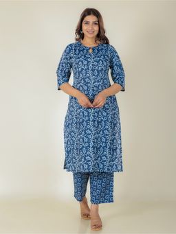 ARAMYA - Women Blue Cotton Printed Kurta with Pant (Set of 2)