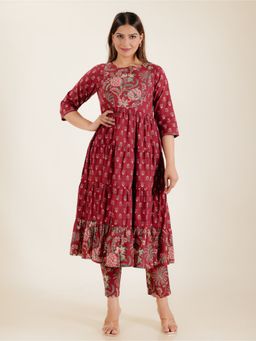 ARAMYA - Women Maroon Cotton Floral Anarkali Kurta with Pant (Set of 2)