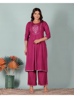 ARAMYA - Women Wine Viscose Rayon Embroidered Kurta with Palazzo (Set of 2)