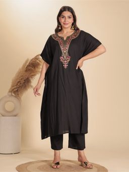 ARAMYA - Women Black Rayon Embroidered Kaftan with Pant (Set of 2)