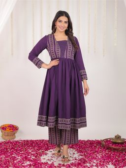 ARAMYA - Women Purple Cotton Printed Anarkali Kurta with Palazzo (Set of 2)