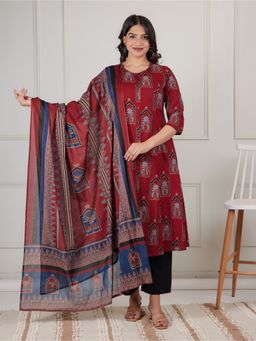 ARAMYA - Women Rust Cotton Printed Kurta with Pant and Dupatta (Set of 3)