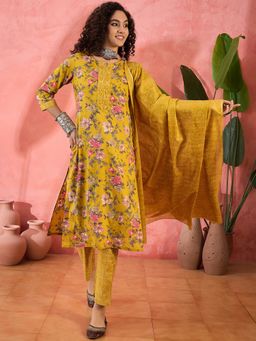 Vastramyaa - Women Yellow Cotton Printed Kurta with Pant and Dupatta (Set of 3)