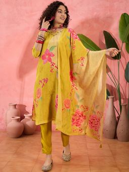 Vastramyaa - Women Yellow Crepe Printed Kurta with Pant and Dupatta (Set of 3)