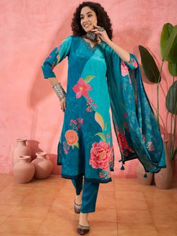 Vastramyaa - Women Teal Crepe Printed Kurta with Pant and Dupatta (Set of 3)
