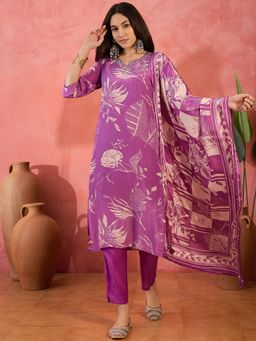 Vastramyaa - Women Lavender Crepe Printed Kurta with Pant and Dupatta (Set of 3)