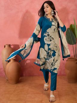 Vastramyaa - Women Teal Crepe Printed Kurta with Pant and Dupatta (Set of 3)