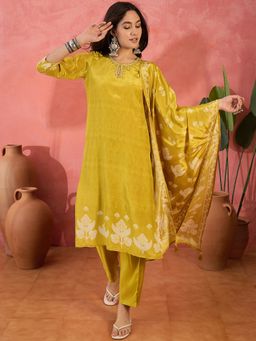 Vastramyaa - Women Mustard Crepe Printed Kurta with Pant and Dupatta (Set of 3)