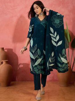 Vastramyaa - Women Teal Crepe Printed Kurta with Pant and Dupatta (Set of 3)