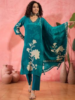 Vastramyaa - Women Teal Crepe Printed Kurta with Pant and Dupatta (Set of 3)