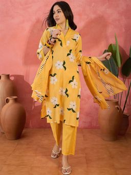 Vastramyaa - Women Yellow Cotton Printed Kurta with Pant and Dupatta (Set of 3)