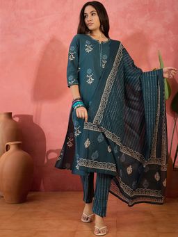 Vastramyaa - Women Teal Cotton Printed Kurta with Pant and Dupatta (Set of 3)