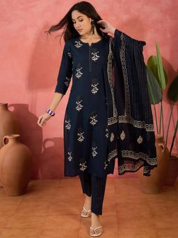 Vastramyaa - Women Navy Blue Cotton Printed Kurta with Pant and Dupatta (Set of 3)