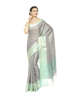 Banarasi Silk Works - Grey Resham Zari Pattu Border Art Saree with Unstitched Blouse