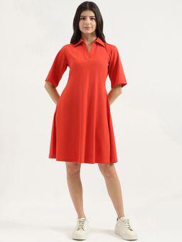 United Colors of Benetton - Red Johny Collar Solid A-Line Dress