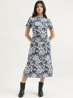 United Colors of Benetton - Blue Round Neck Tropical A-Line Dress