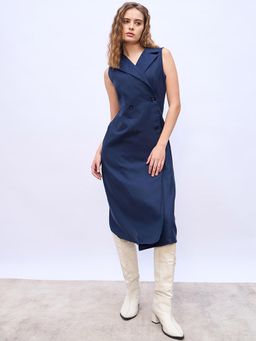 Styli - Navy Blue Women Solid Lapel Collar Casual Blazer Midi Dress