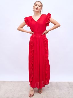 Styli - Red Women Ruffle Sleeves V Neck Pleated A-Line Maxi Dress