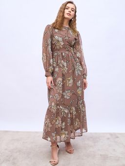 Styli - Brown Women Long Sleeve Round A Line Maxi Dress