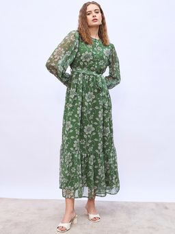 Styli - Olive Women Long Sleeve Round A Line Maxi Dress