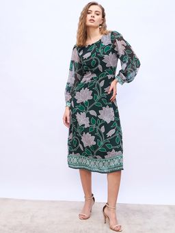 Styli - Green Women Long Sleeve Round Neck Sheath Midi Dress