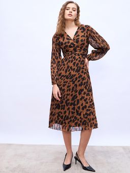 Styli - Brown Women Animal Print V-Neck Casual Wrap Midi Dress