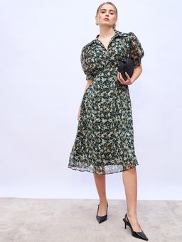Styli - Green Women Printed Peter Pan Collar Casual A-Line Midi Dress