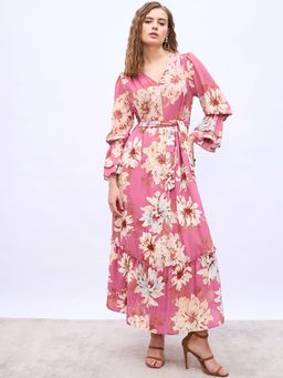 Styli - Pink Women Floral V-Neck Casual A-Line Maxi Dress with Belt