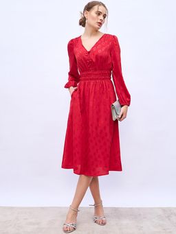 Styli - Red Women Self Design V-Neck Casual A-Line Midi Dress