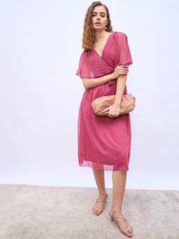 Styli - Pink Women Self Design V-Neck Casual Wrap Midi Dress